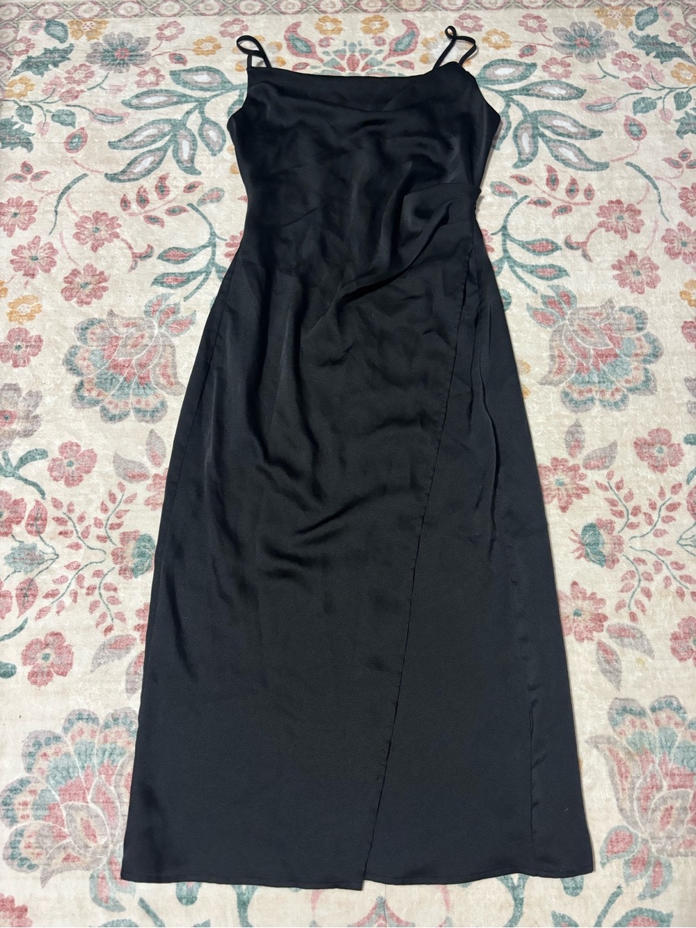 Lulu's Black Satin Slip Midi Dress with Spaghetti Straps